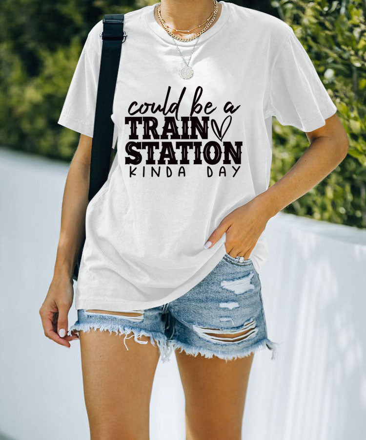 Letter Fun Printed Women's Round Neck Short Sleeve