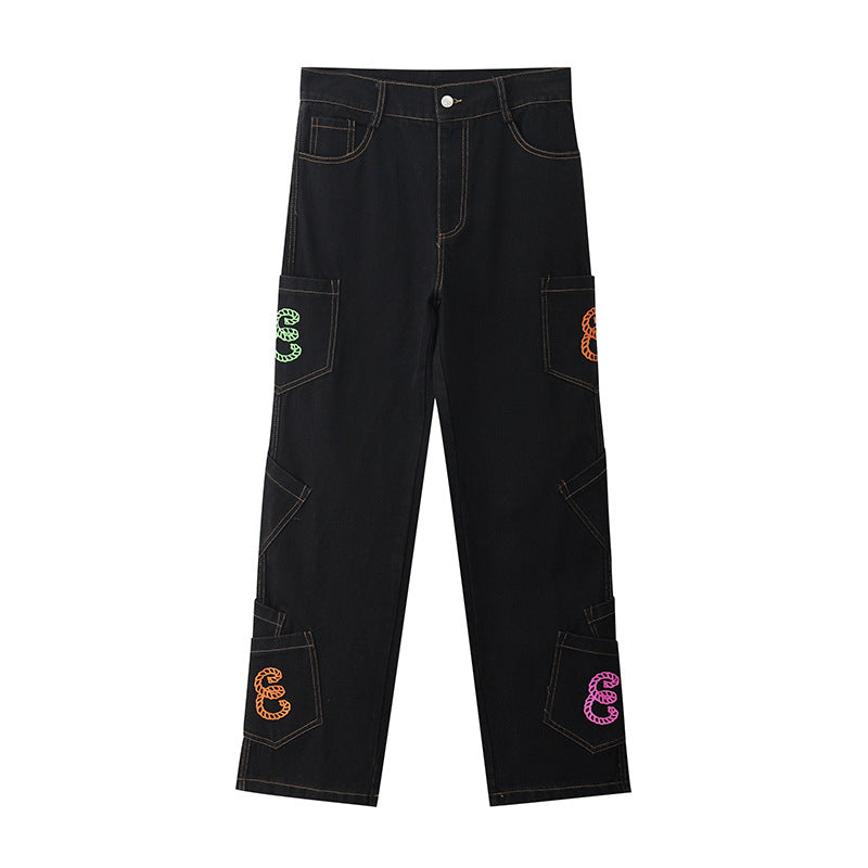 Letter Embroidery Personality All-match Black Jeans Men And Women Loose Wide-leg Pants Hip-hop Mopping Pants Trousers Letter Embroidery Personality All-match Black Jeans Men And Women Loose Wide-leg Pants Hip-hop Mopping Pants Trousers