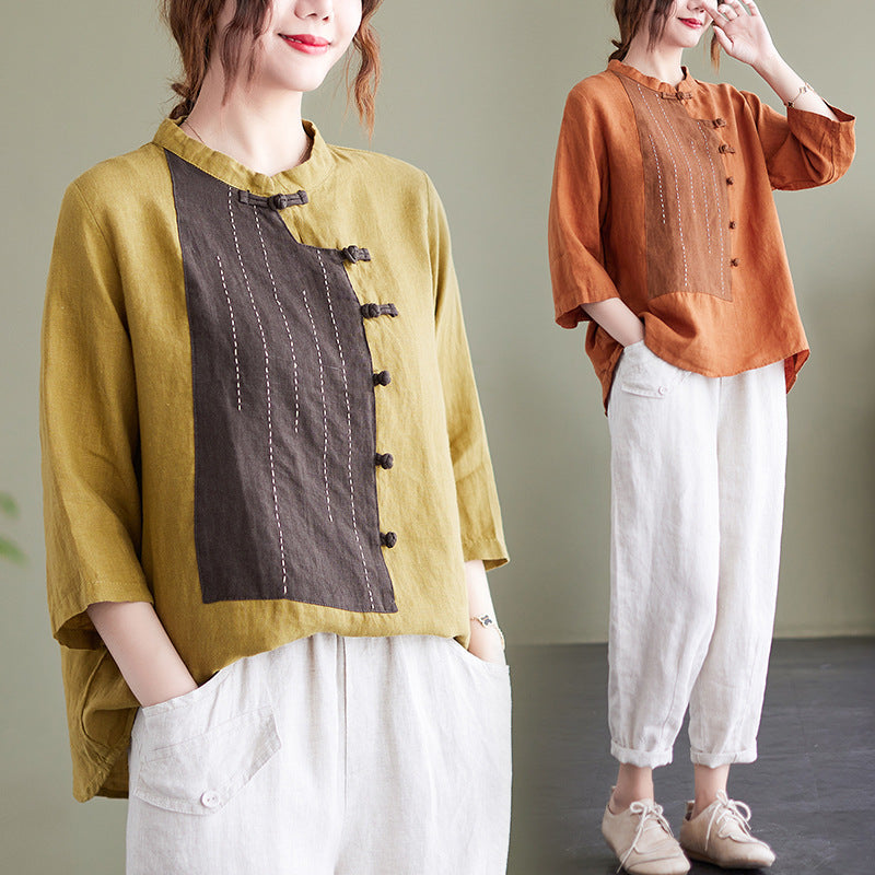 Stand Up Collar Button Contrast Patchwork Cotton Linen Shirt