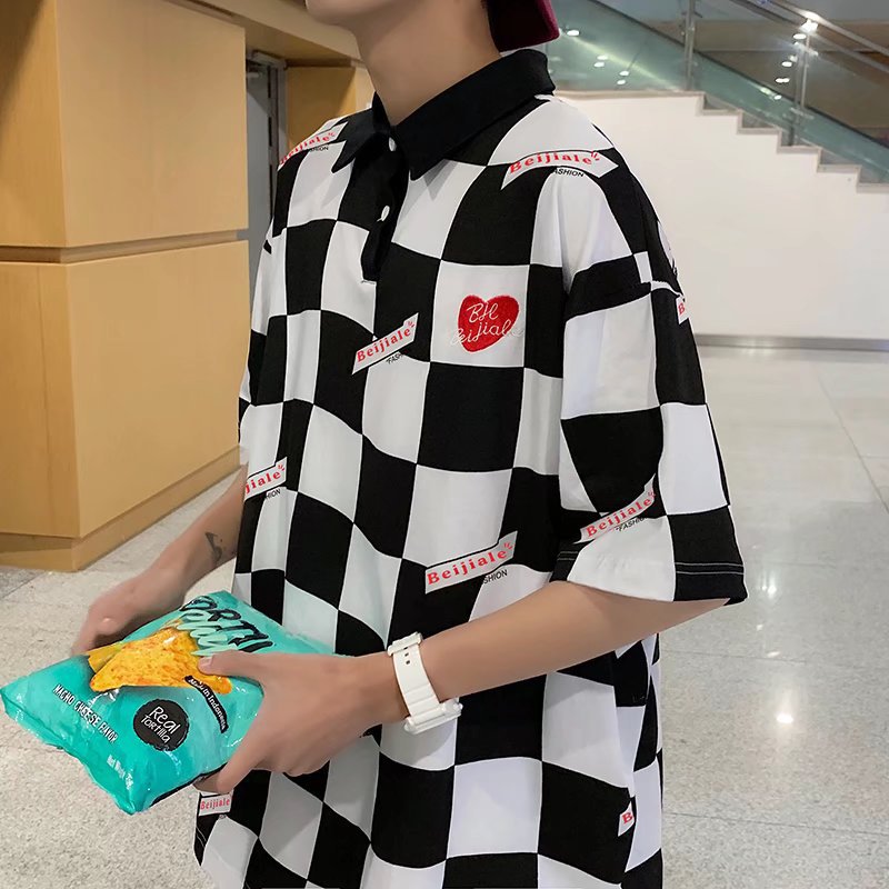 Retro Check Color Matching POLO Collar Short Sleeves
