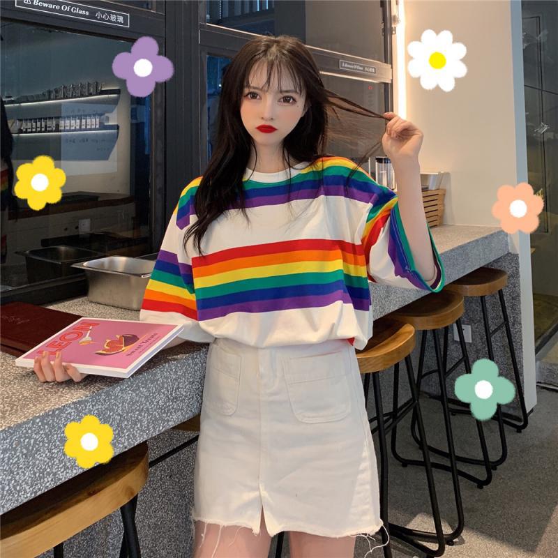 Summer New Korean Version Loose Large Rainbow Stripe Print Short Sleeve