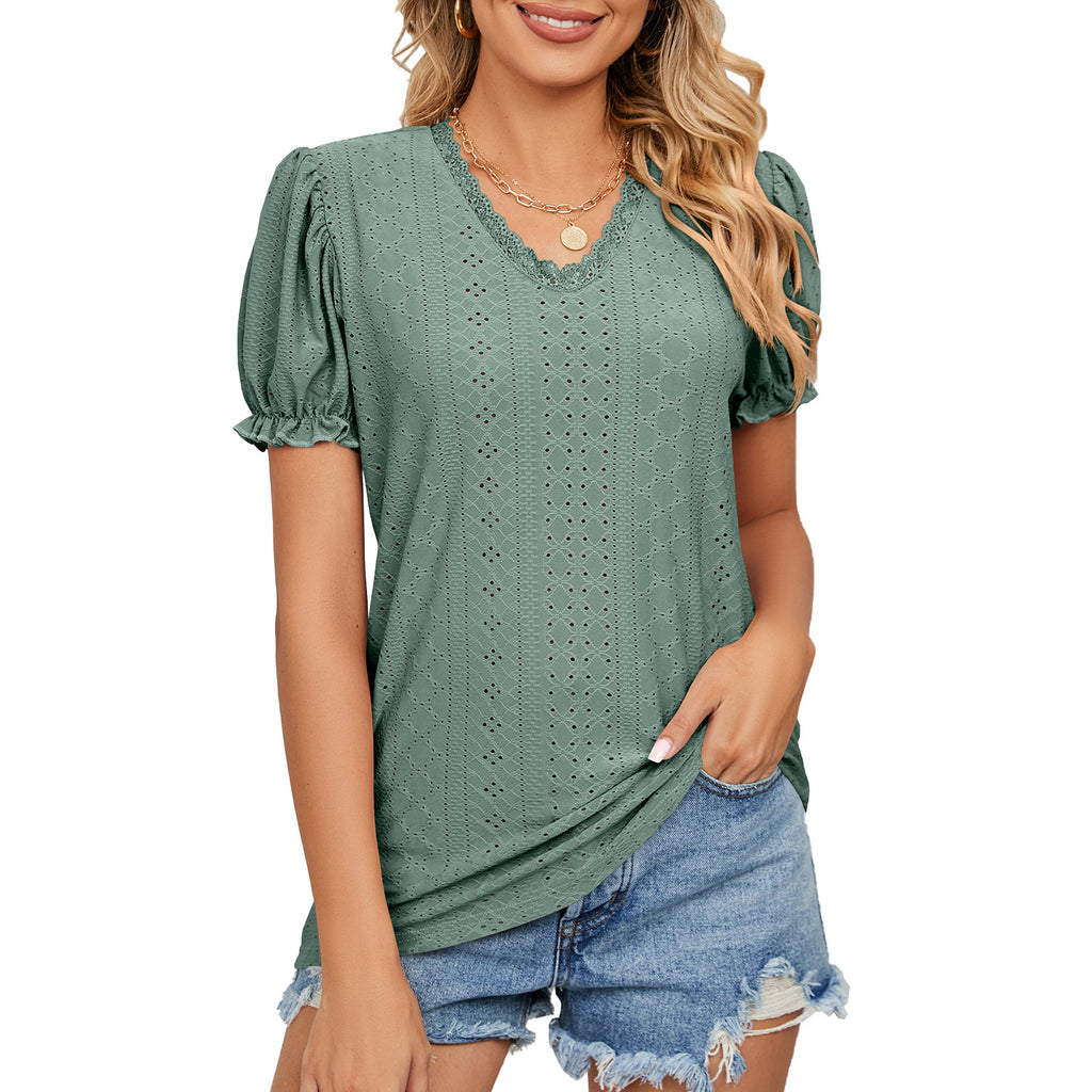 Solid Color Lace Patchwork Princess Sleeve Hollow Top
