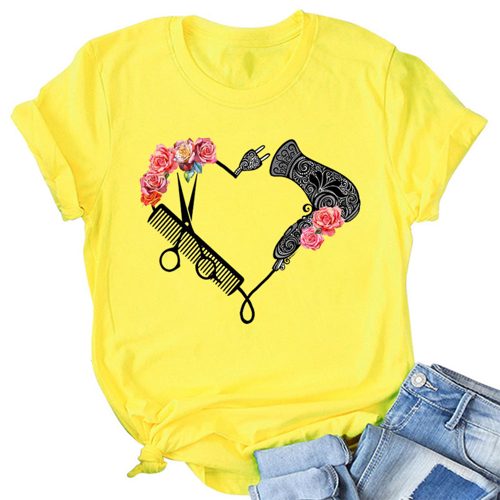 Fashion Hair Dryer Print Street Hipster Loose Ladies Top
