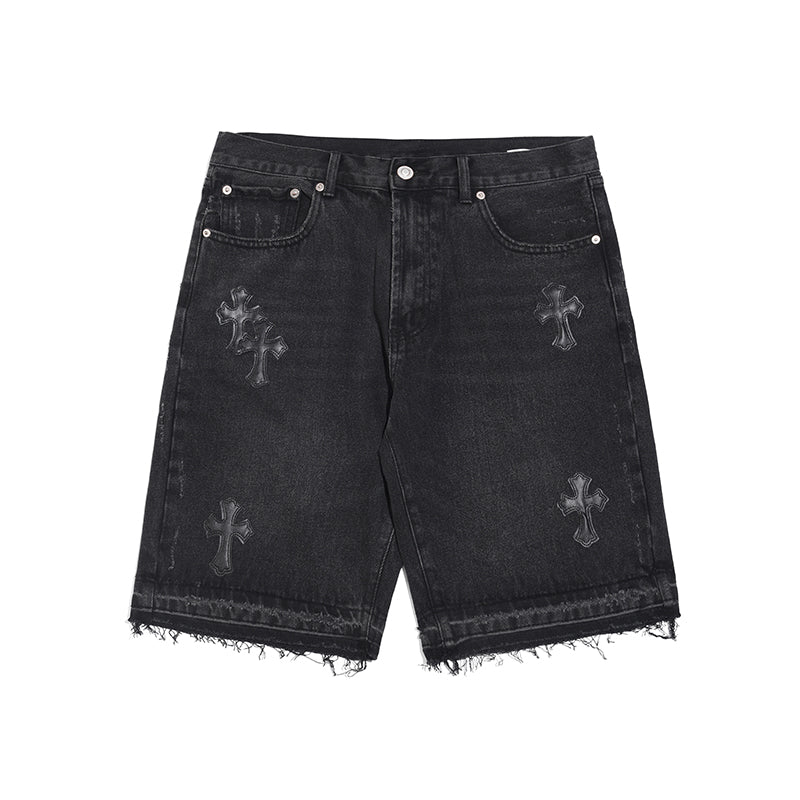 Embroidered Raw Edge Tide Brand Summer Casual Denim Shorts For Men