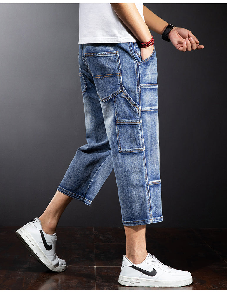 Seven Points Denim Shorts Men Straight Loose Over The Knee Medium Pants Fat Guy Pants