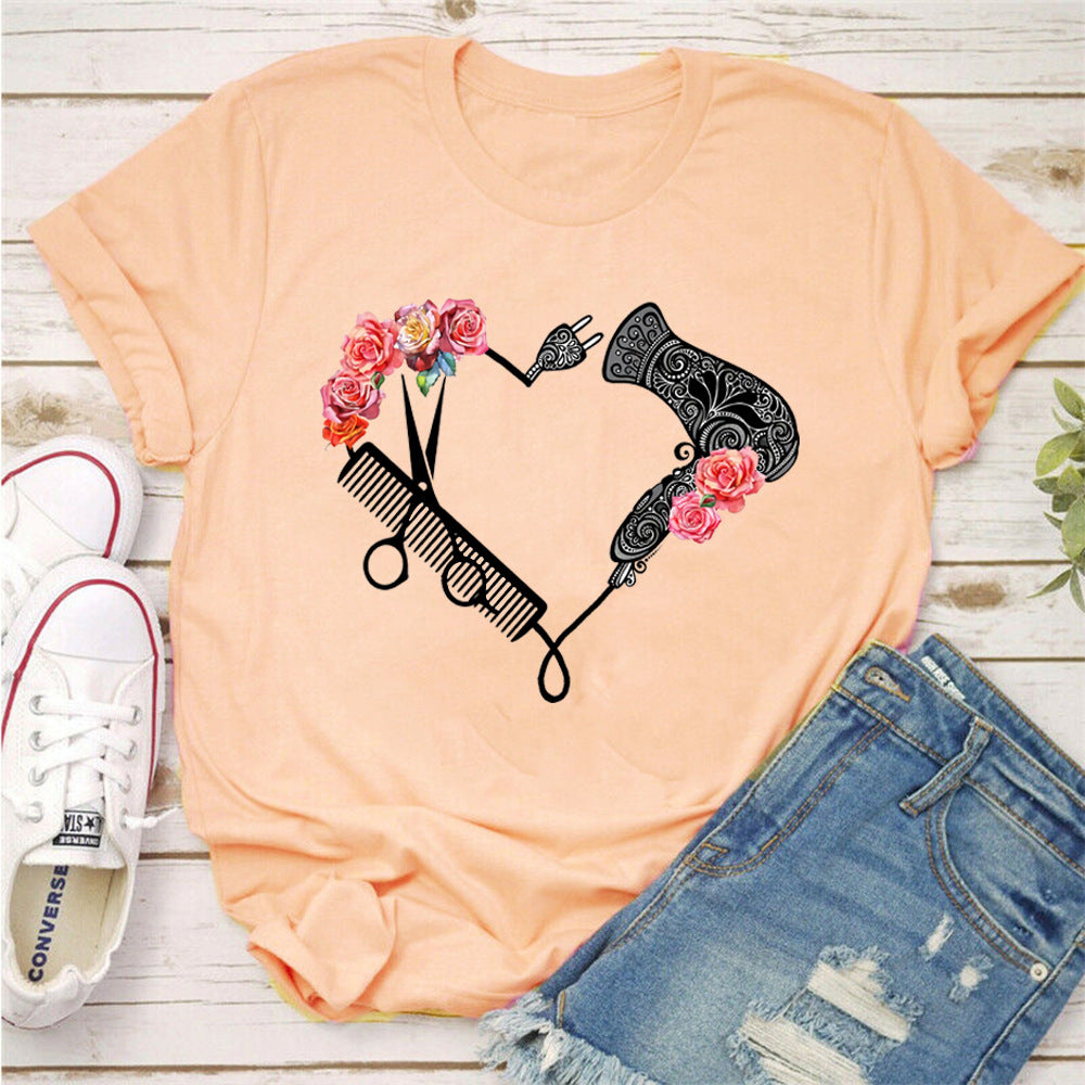 Fashion Hair Dryer Print Street Hipster Loose Ladies Top
