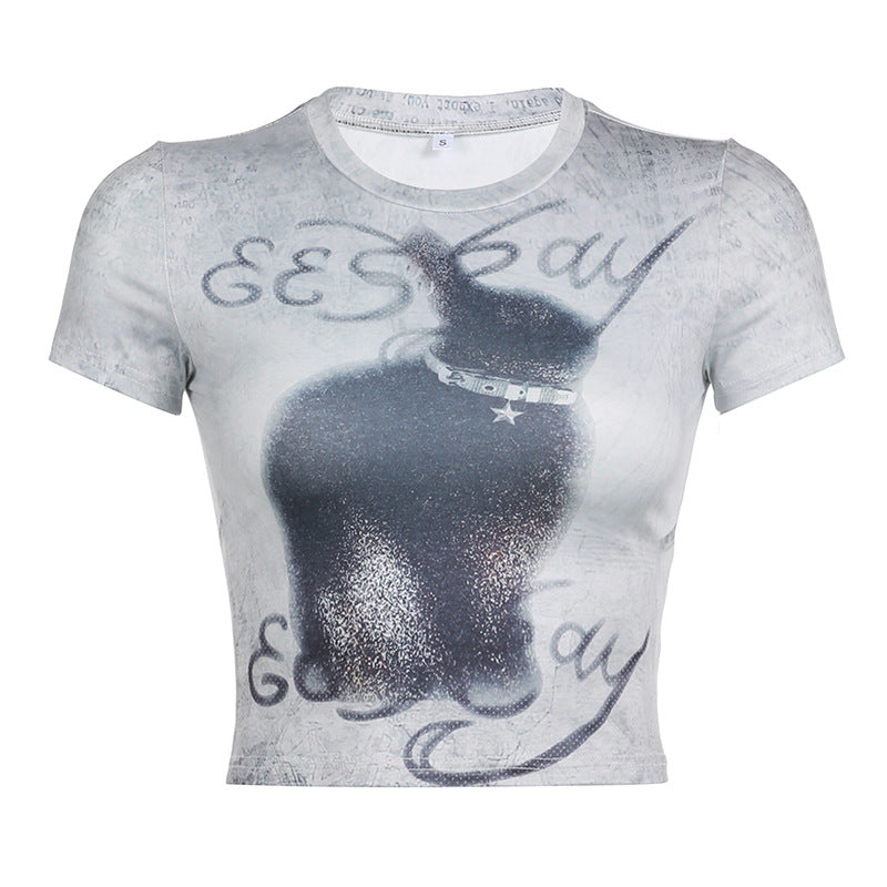 INS New Women's Casual Fashion Printing Round Neck Short Top