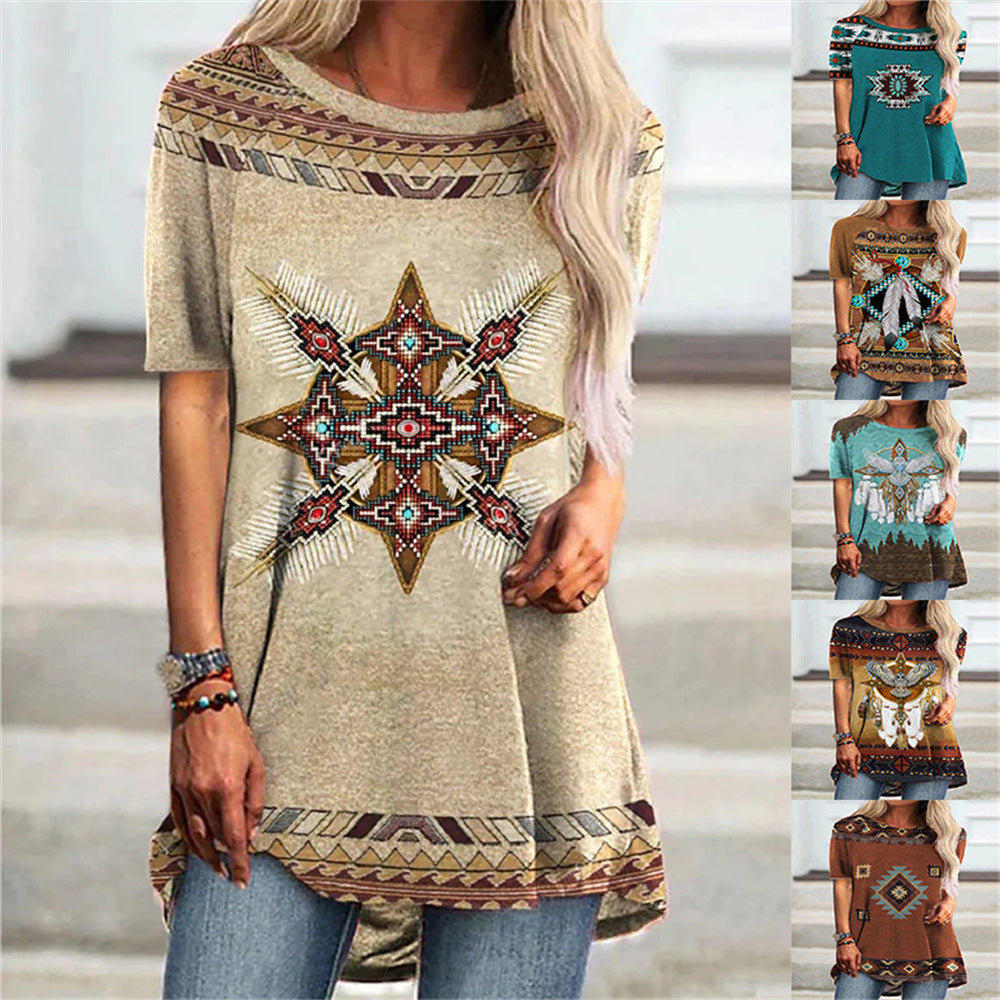 Round Neck Women's Casual Vintage T-shirt