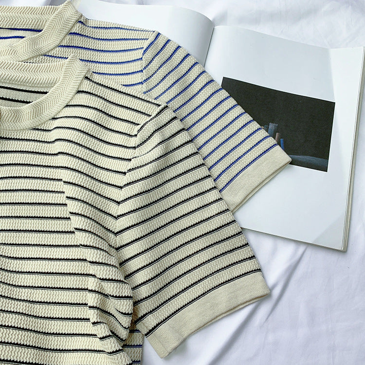 Women's Short-sleeved Striped Knitted Cardigan T-shirt Design Sense