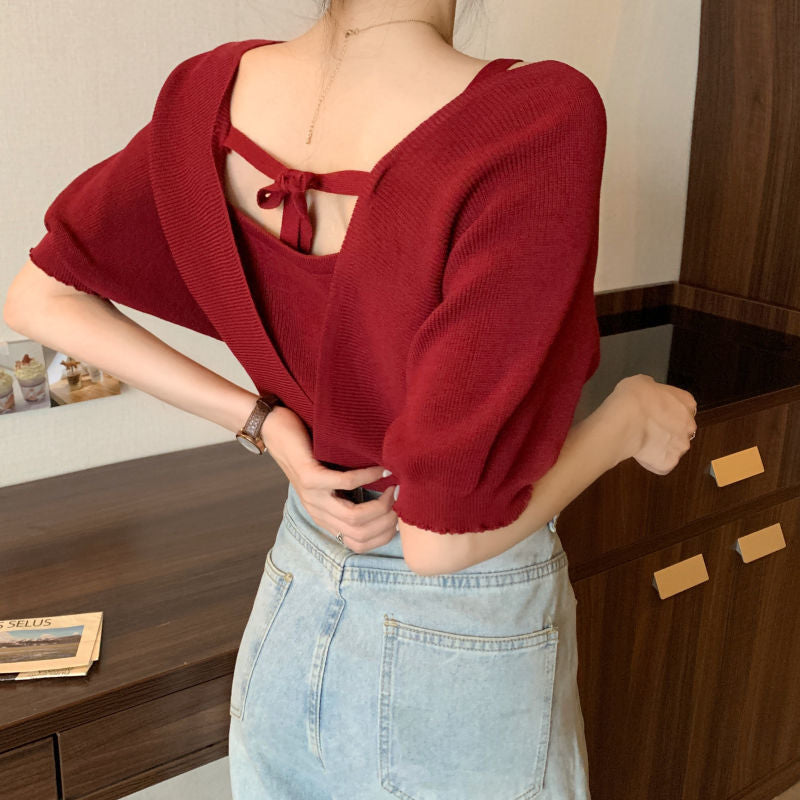 Design Fake Two-piece Waistband Short Sleeved Knit Shirt For Women
