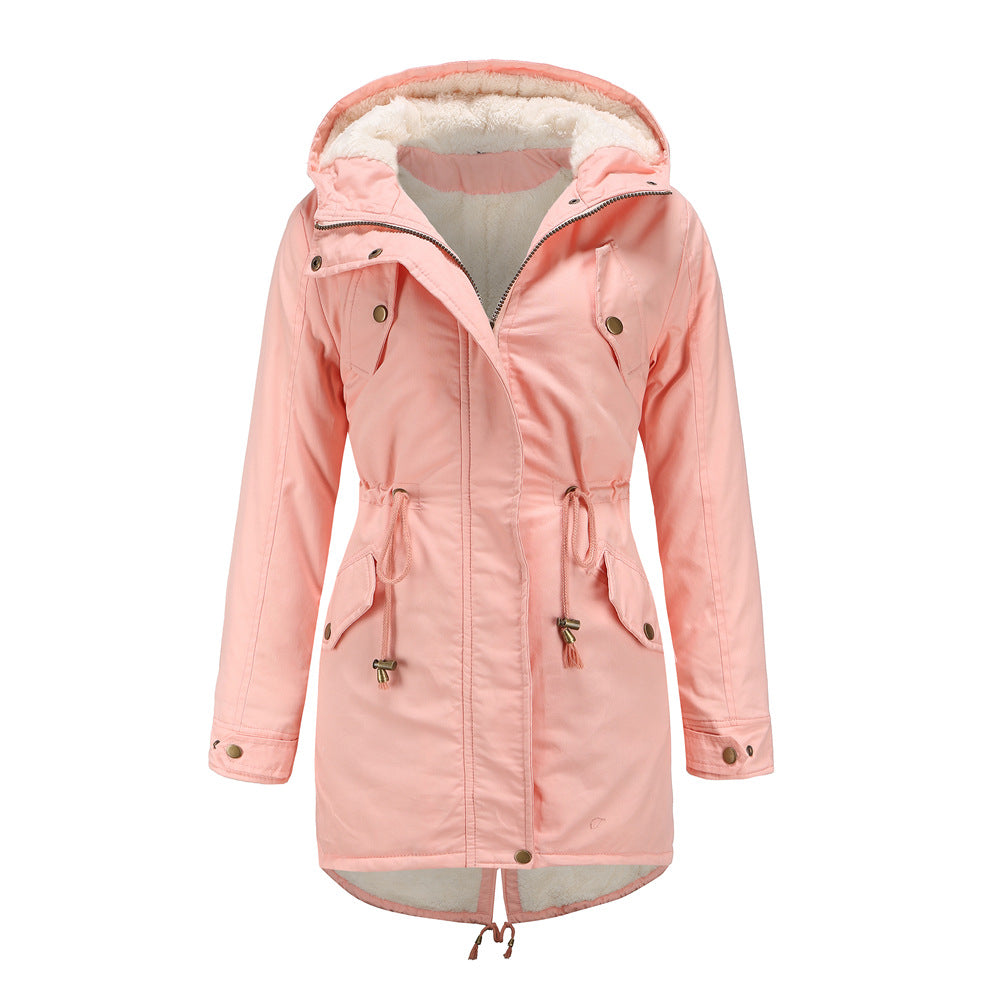 Women's Solid Color Hooded Parka Thick Cotton Plus Fleece Cotton Coat