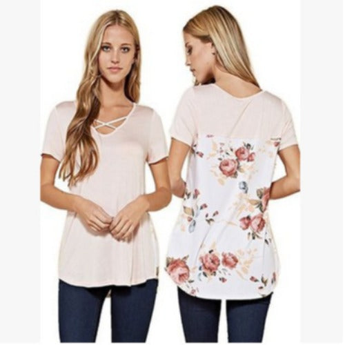 Women's Printed Patchwork Short Sleeved Loose Fitting