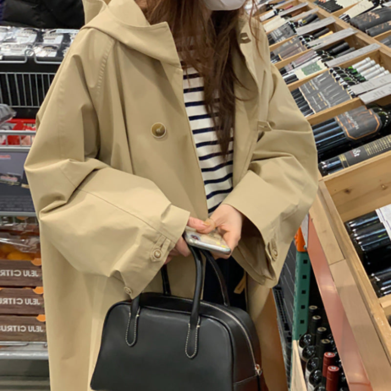 Sweet Girly Temperament Mid-length Hooded Trench Coat Women