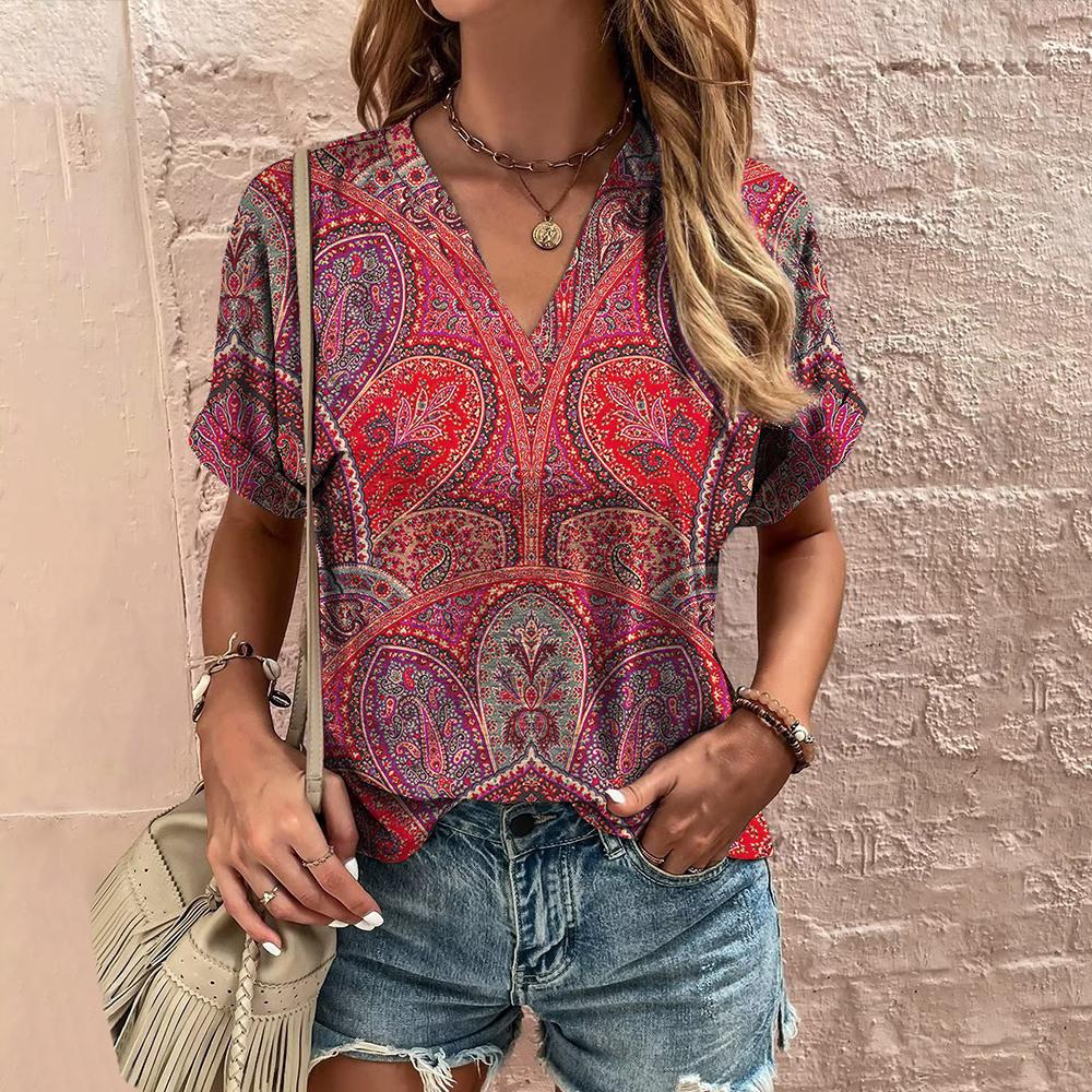 Printed T-shirt Ethnic V-neck Summer Short Sleeve