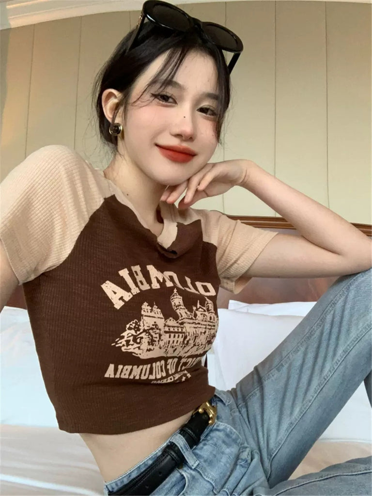Women's Summer Design Sense Niche Color Contrast Short Top