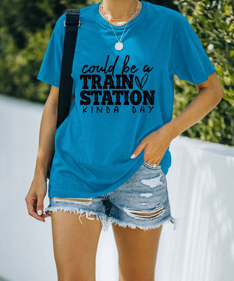 Letter Fun Printed Women's Round Neck Short Sleeve