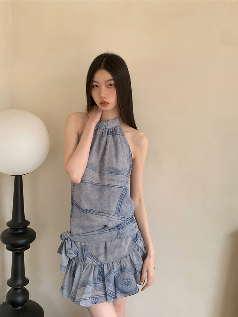 Design Sense Retro Sleeveless Halter Denim Pattern Dress For Women