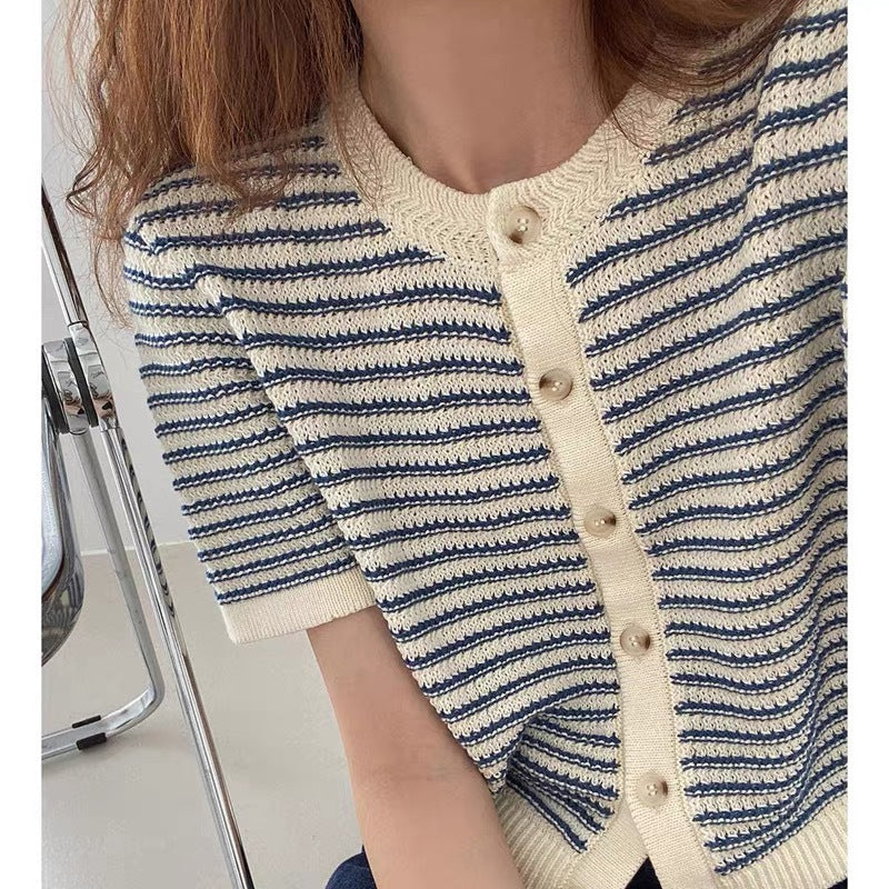 Women's Short-sleeved Striped Knitted Cardigan T-shirt Design Sense