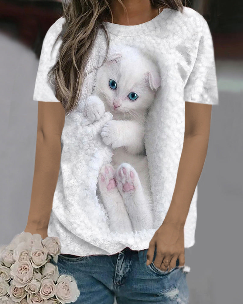 Casual Loose Fit Cat Print Short Sleeve
