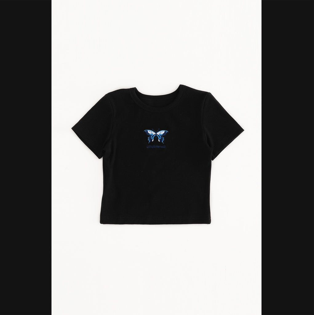 Round Neck Tight Chest Butterfly Embroidery High Waisted Short T-shirt For Women