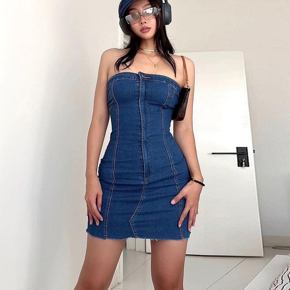 Sexy Slim-fit Tassel Washed Denim Tube Top Dress For Women Sexy Slim-fit Tassel Washed Denim Tube Top Dress For Women