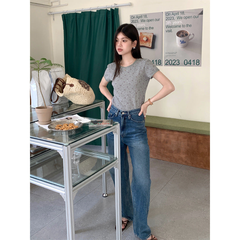 Fresh Floral Lace-collared Blouse Loose Round Neck Slim-fit Short Sleeve