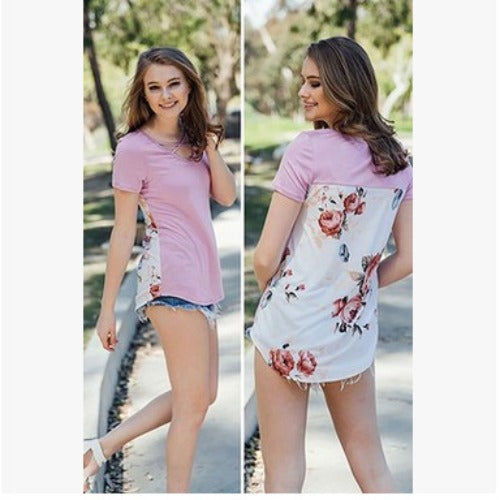 Women's Printed Patchwork Short Sleeved Loose Fitting
