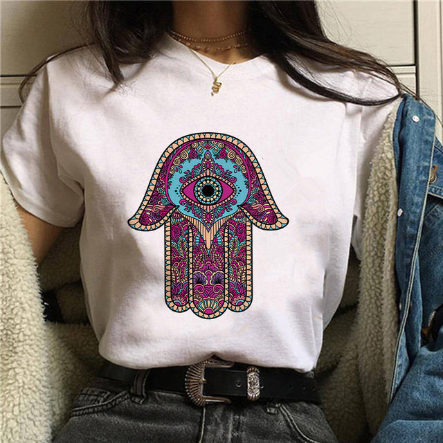 Fashion Lucky Hand Plus Size Round Neck Black Ladies Short Sleeves