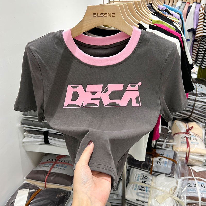Short-sleeved T-shirt Women's Western Style Retro Print V-neck