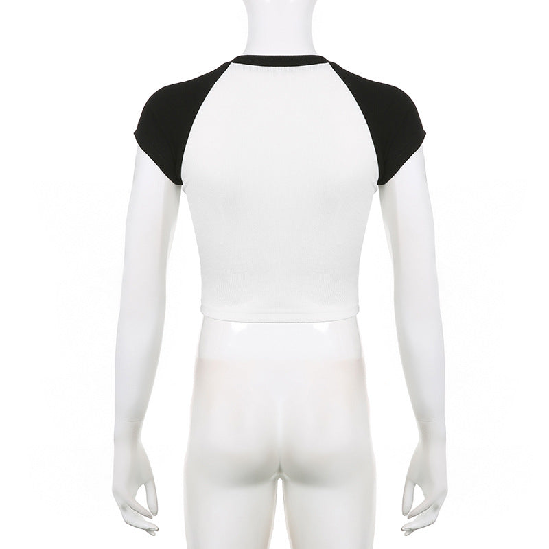 Black And White Contrast Color Slimming Versatile Short Sleeved Top
