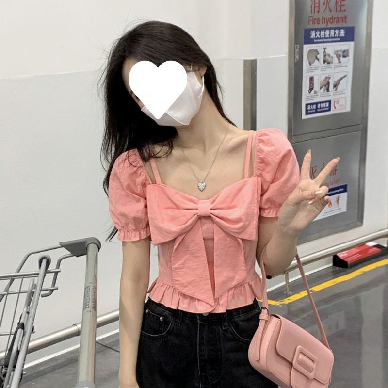 Off Shoulder Short Top For Women's Sweet And Unique Square Neck Bubble Sleeves