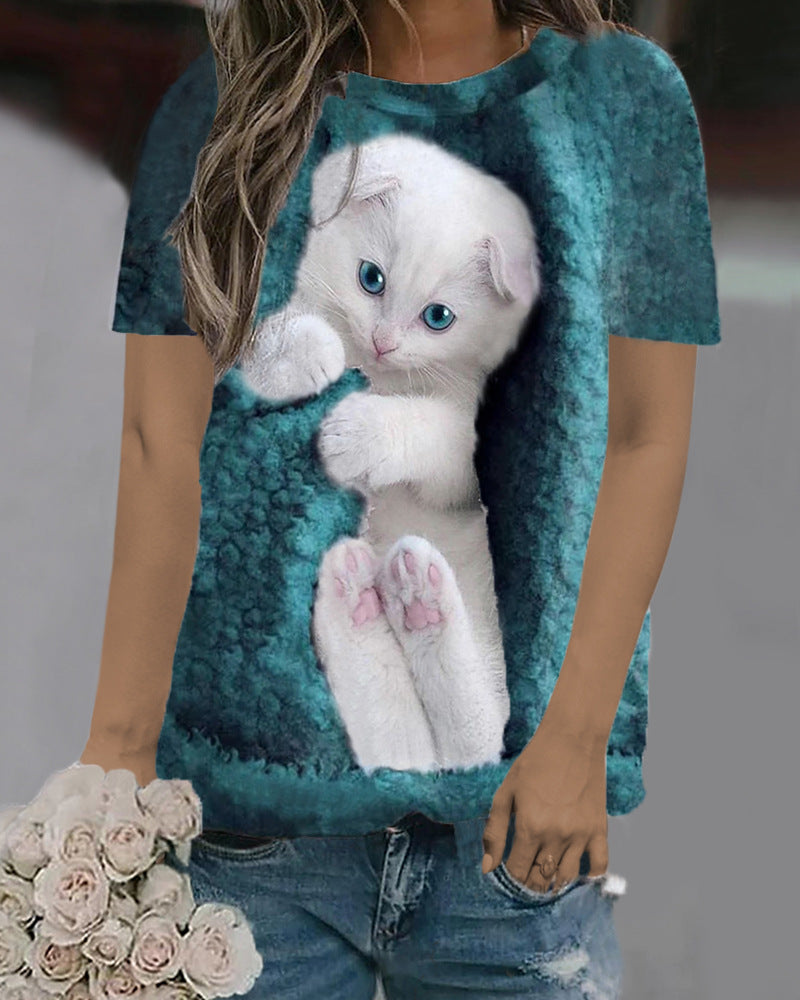 Casual Loose Fit Cat Print Short Sleeve