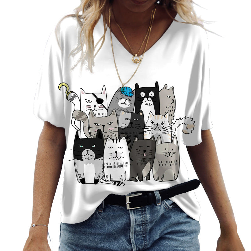 Casual Short Sleeve V-Neck Cat 3D