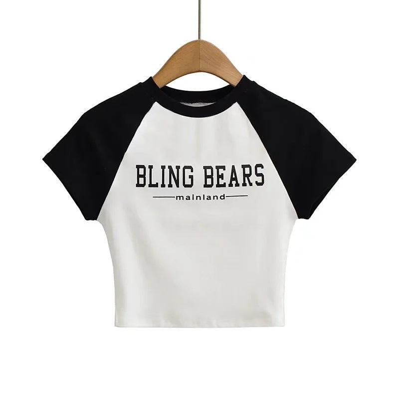 Color Blocking Letter Printed Round Neck Short Sleeve