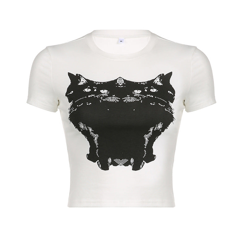 Fashion Multi Head Cat Print Short Sleeve T-shirt Round Neck Casual Top