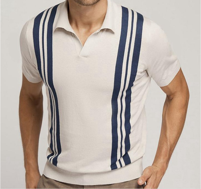New Men's Summer Stripes Short-sleeved Sweater Slim Lapel Casual Polo Shirt For Men