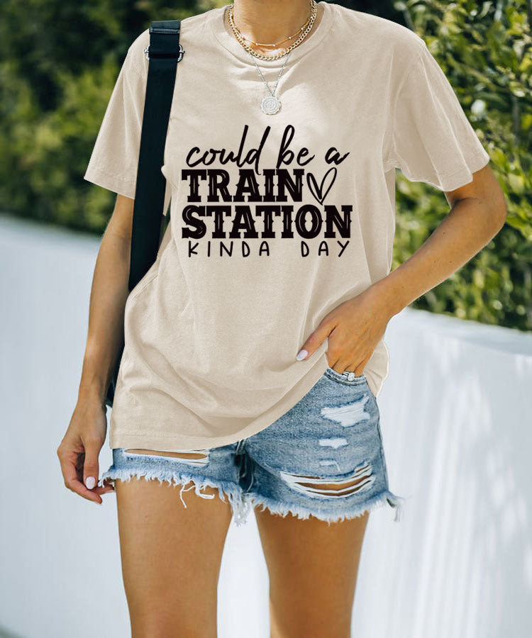 Letter Fun Printed Women's Round Neck Short Sleeve