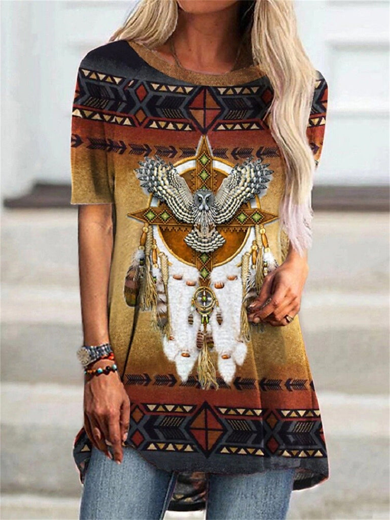 Round Neck Women's Casual Vintage T-shirt