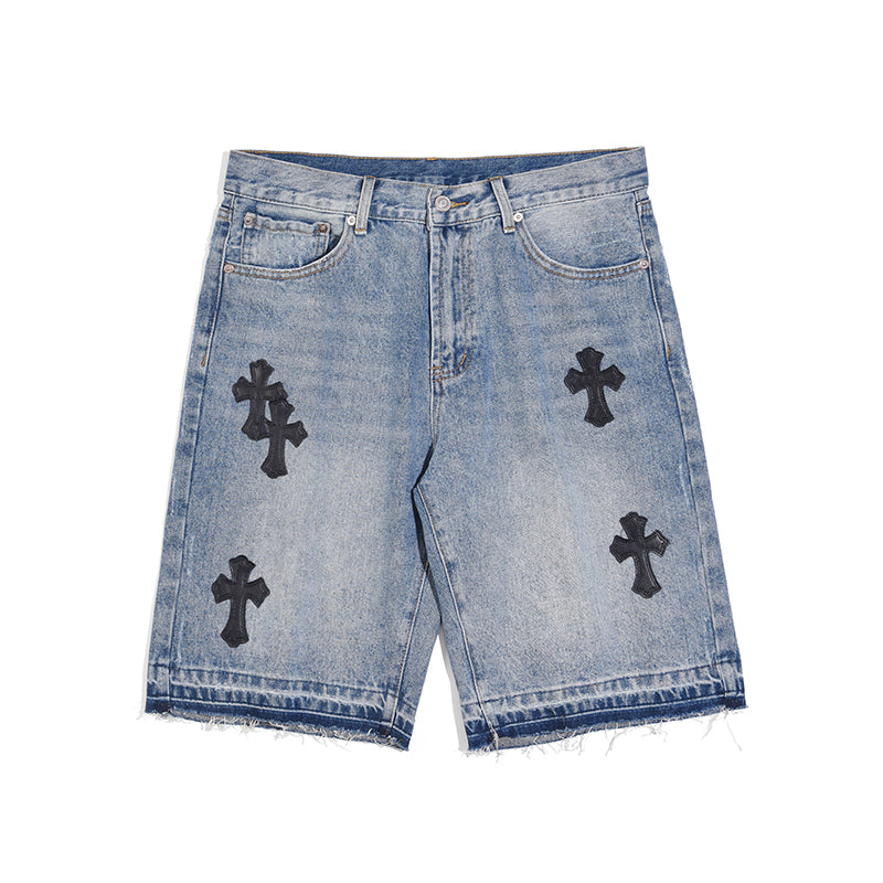 Embroidered Raw Edge Tide Brand Summer Casual Denim Shorts For Men
