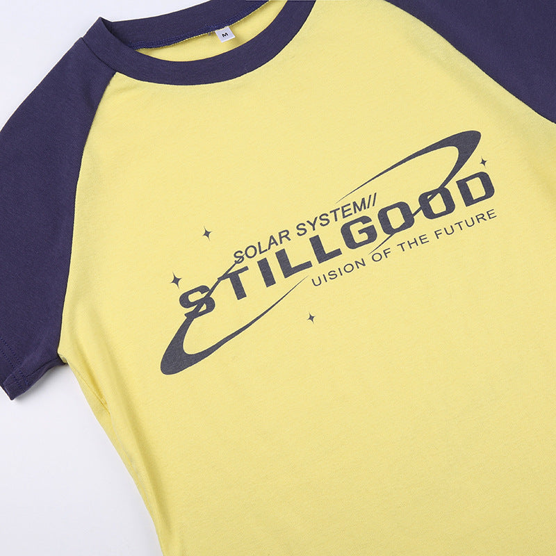 Contrasting Letter Print Raglan Short Sleeve Ladies Top