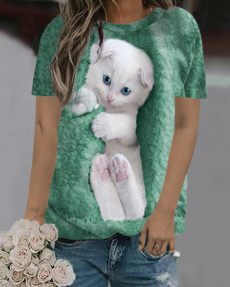 Casual Loose Fit Cat Print Short Sleeve