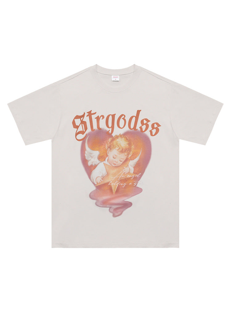 Summer Heavy American Retro Street Overesize Angel Print T-shirt
