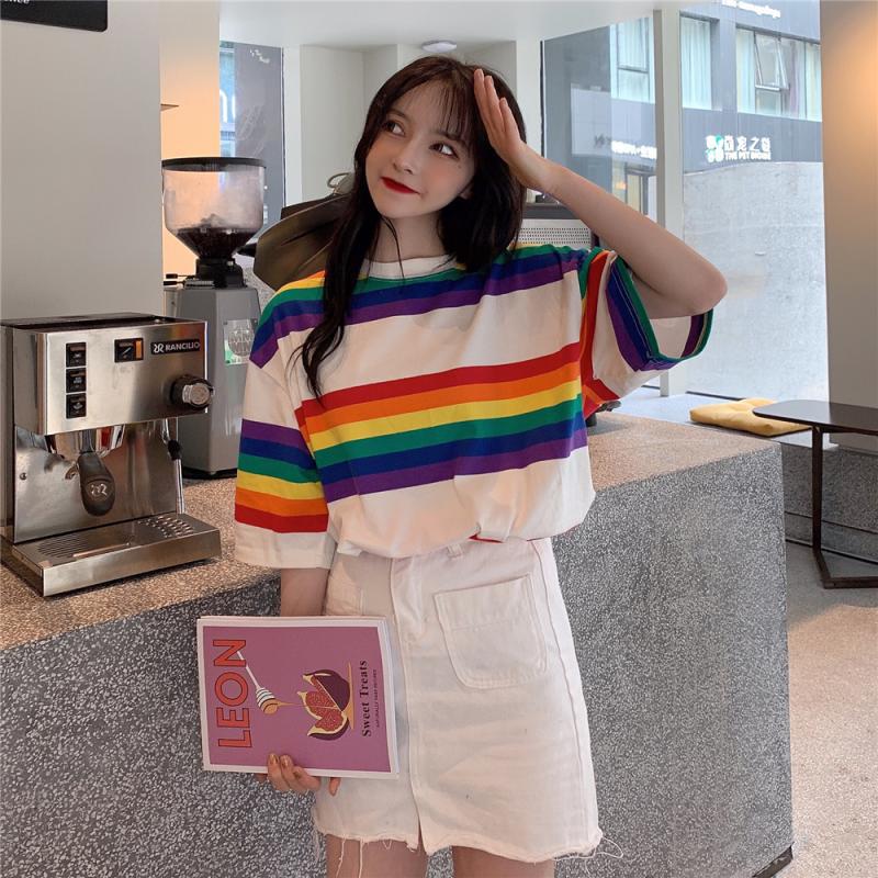 Summer New Korean Version Loose Large Rainbow Stripe Print Short Sleeve