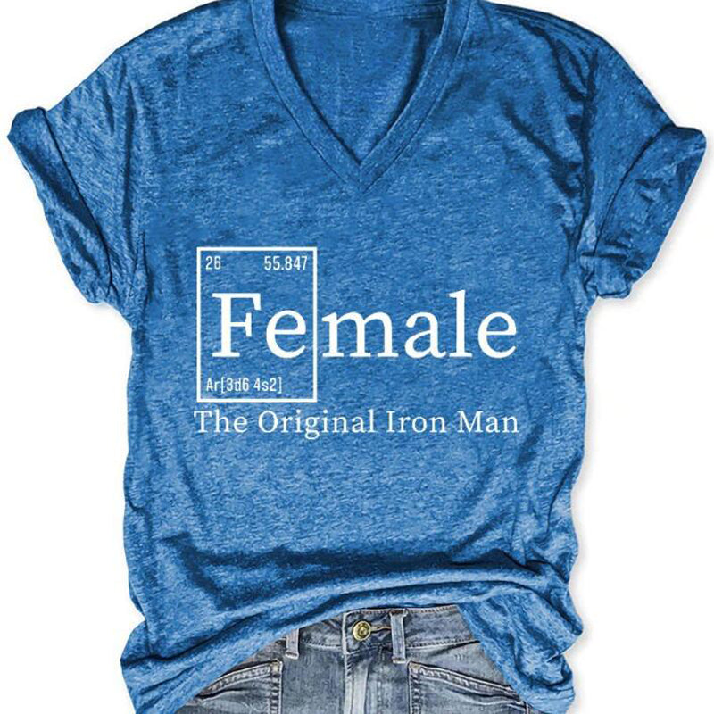 European And American English Solid Color Printing T-shirt V-neck