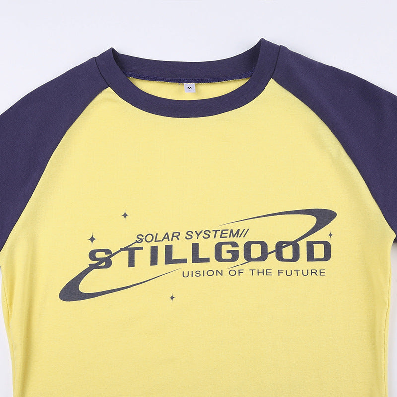 Contrasting Letter Print Raglan Short Sleeve Ladies Top