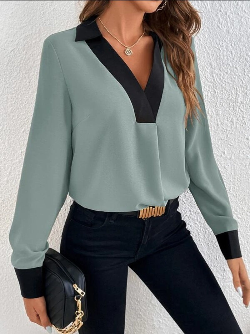 Women's V-collar Contrast Color Casual Shirt Women's V-collar Contrast Color Casual Shirt