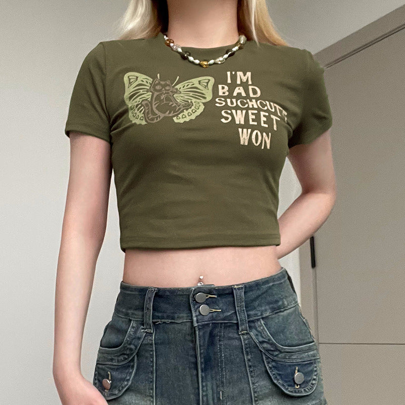 Casual Personality Spicy Girl Letter Print Round Neck T-shirt Top