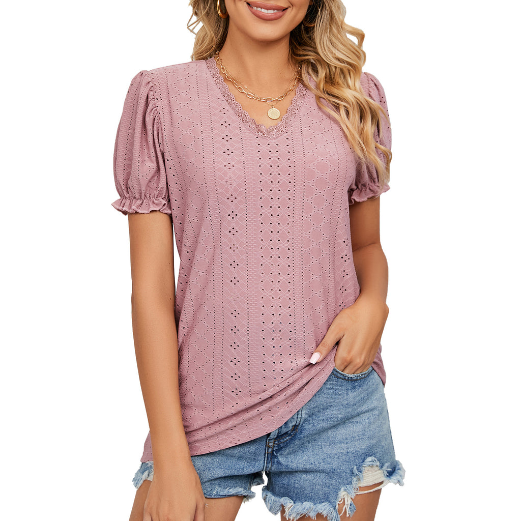 Solid Color Lace Patchwork Princess Sleeve Hollow Top