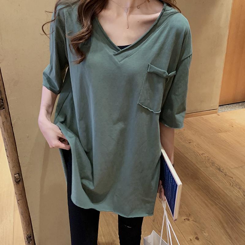 Summer V-neck Short Sleeve T-shirt Women's Loose Large Medium Length Shirt