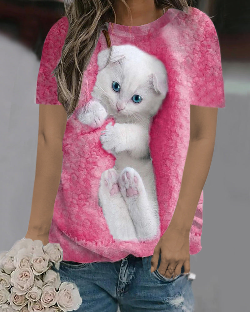Casual Loose Fit Cat Print Short Sleeve